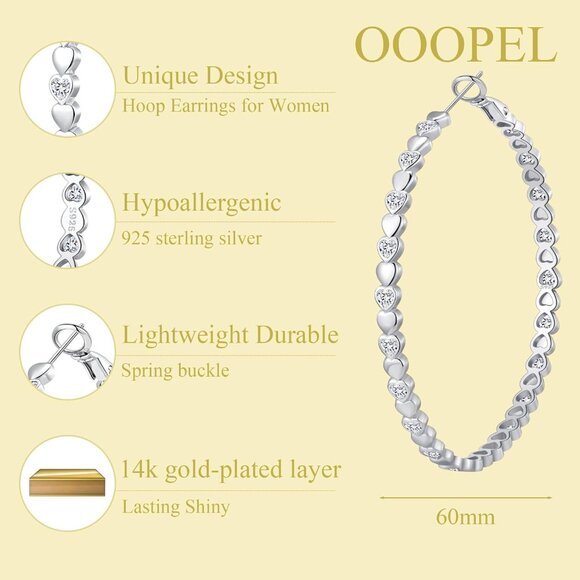 925 Silver-60mm Heart Cubic Zirconia Large Rhinestone Hoop Earrings for Womens - Picture 3 of 7